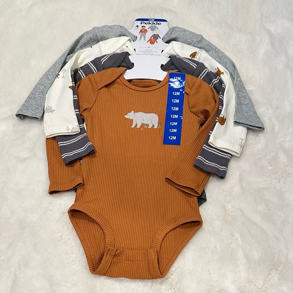 Pekkle Grey/Ivory Long Sleeve Organic Cottin 4 Pieces Bodysuit 12 months